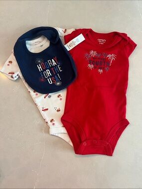 Carter's Red Bodysuit with Navy Bib and White Patterned Onesie